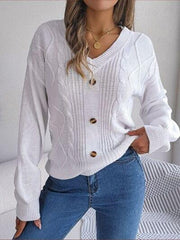 Cable-Knit Buttoned V-Neck Sweater - Trendsi