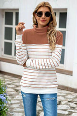 Striped Contrast Turtleneck Sweater - Flyclothing LLC