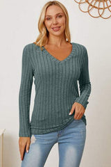 Basic Bae Full Size Ribbed V-Neck Long Sleeve T-Shirt - Trendsi - Flyclothing LLC