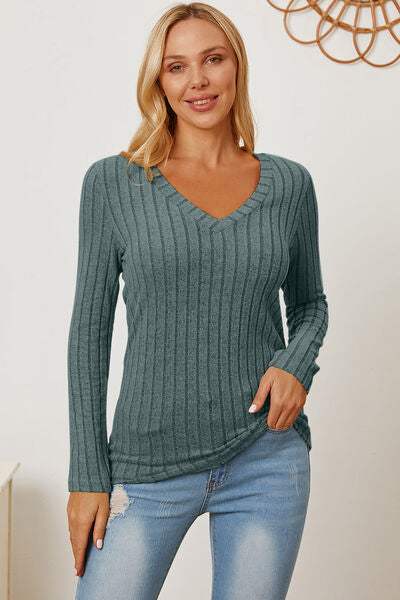 Basic Bae Full Size Ribbed V-Neck Long Sleeve T-Shirt - Trendsi - Flyclothing LLC