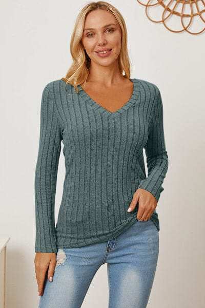 Basic Bae Full Size Ribbed V-Neck Long Sleeve T-Shirt - Trendsi - Flyclothing LLC