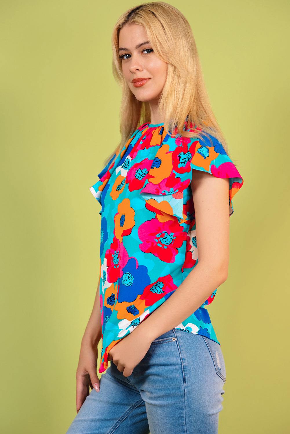 Floral Round Neck Tied Blouse - Trendsi
