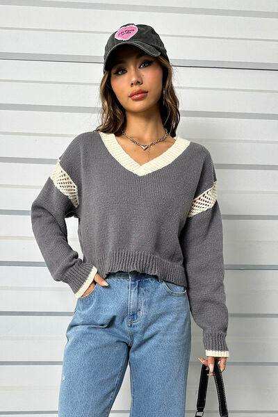 Contrast Openwork Long Sleeve V-Neck Sweater - Trendsi - Flyclothing LLC
