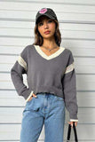 Contrast Openwork Long Sleeve V-Neck Sweater - Trendsi - Flyclothing LLC