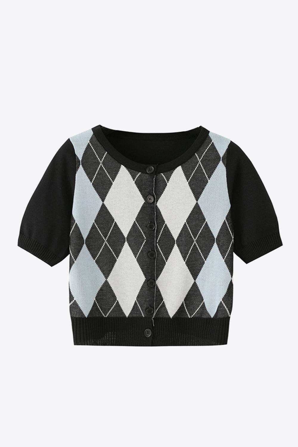 Argyle Round Neck Ribbed Trim Cardigan - Trendsi - Flyclothing LLC