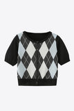Argyle Round Neck Ribbed Trim Cardigan - Trendsi