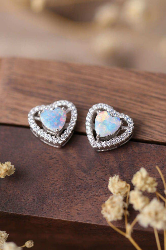 925 Sterling Silver Opal Heart Stud Earrings - Trendsi - Flyclothing LLC