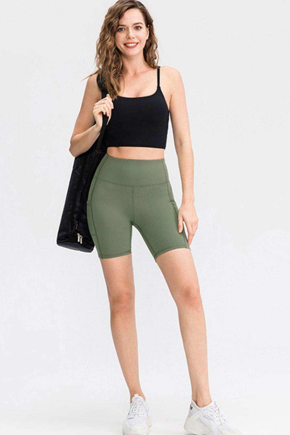 Wide Waistband Sports Shorts with Pockets - Trendsi - Flyclothing LLC