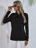 Tie Neck Spliced Lace Long Sleeve Top - Trendsi