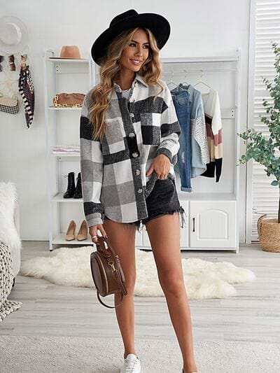 Plaid Button Up Dropped Shoulder Jacket - Trendsi - Flyclothing LLC