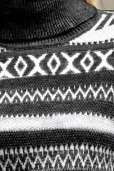 Geometric Turtleneck Long Sleeve Sweater - Trendsi - Flyclothing LLC