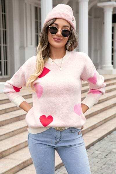 Heart Round Neck Droppped Shoulder Sweater - Trendsi - Flyclothing LLC