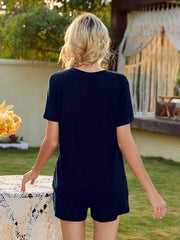 V-Neck Short Sleeve Top and Pocketed Shorts Lounge Set - Flyclothing LLC
