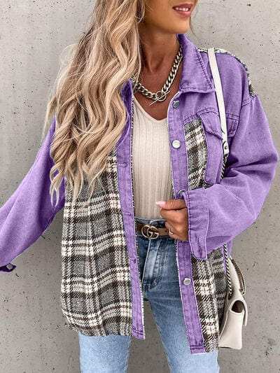 Plaid Button Up Dropped Shoulder Jacket - Trendsi - Flyclothing LLC