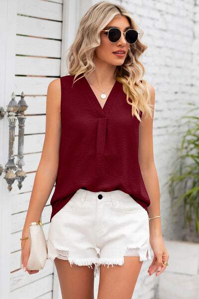 Texture V-Neck Sleeveless Top - Trendsi - Flyclothing LLC