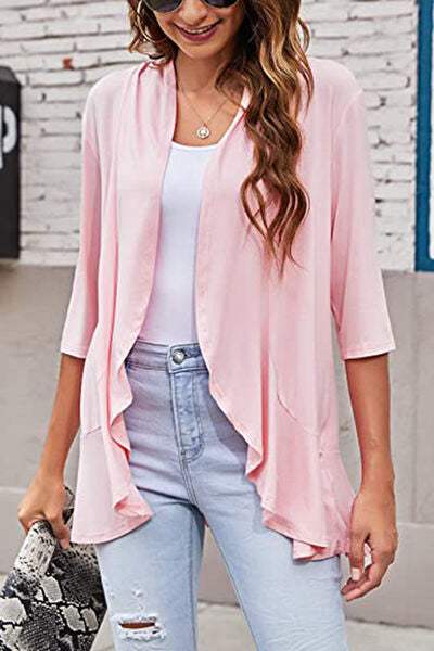 Open Front Three-Quarter Sleeve Cardigan - Trendsi - Flyclothing LLC