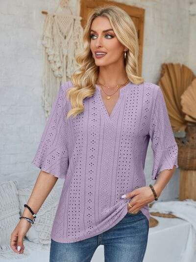 Eyelet Notched Half Sleeve T-Shirt - Trendsi - Flyclothing LLC
