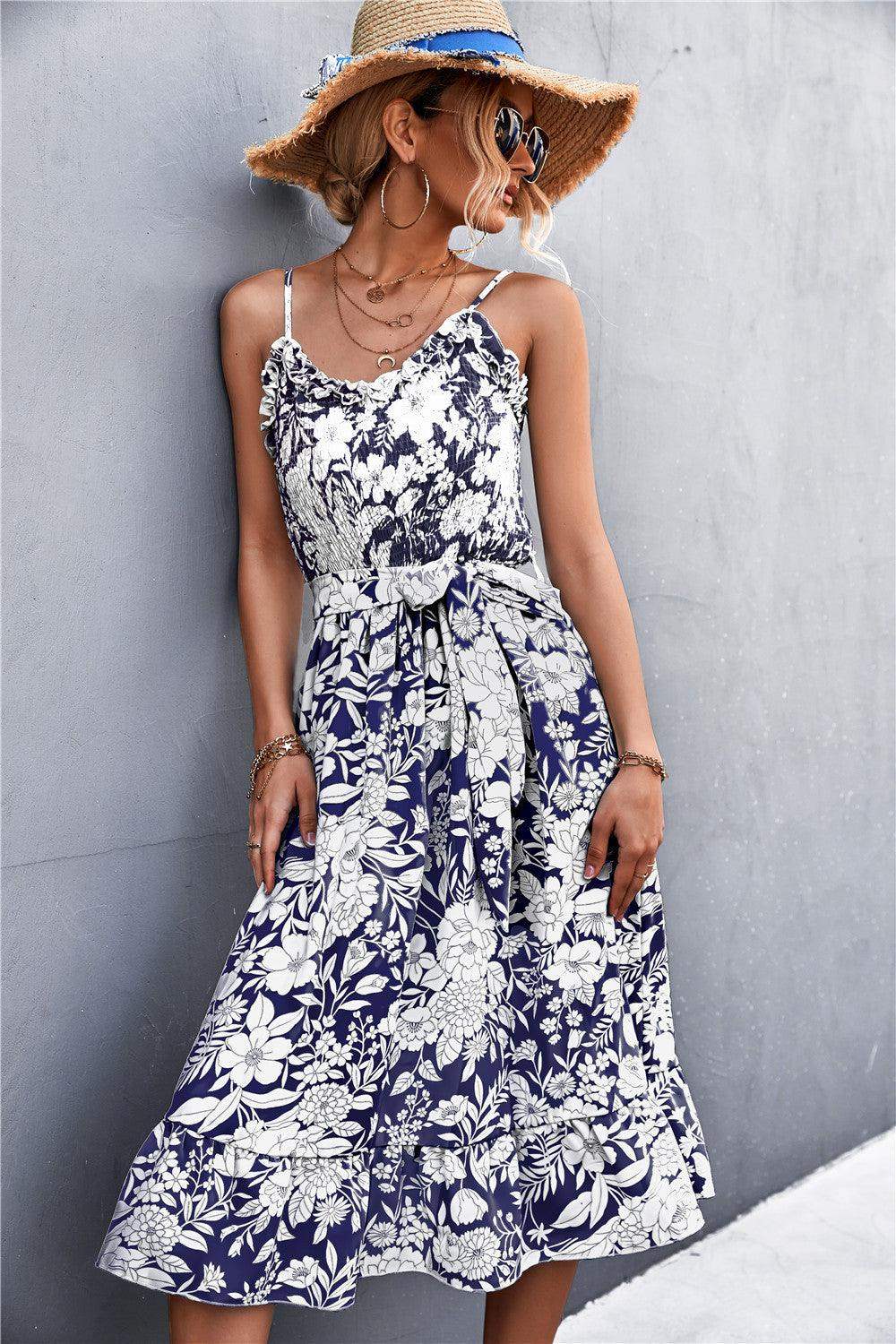 Floral Frill Trim Scoop Neck Spaghetti Strap Dress - Trendsi - Flyclothing LLC