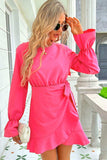 Round Neck Flounce Sleeve Ruffle Hem Mini Dress - Trendsi - Flyclothing LLC