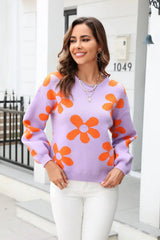 Floral Print Round Neck Dropped Shoulder Pullover Sweater - Trendsi - Flyclothing LLC