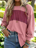 Round Neck Striped Long Sleeve Slit T-Shirt - Trendsi - Flyclothing LLC