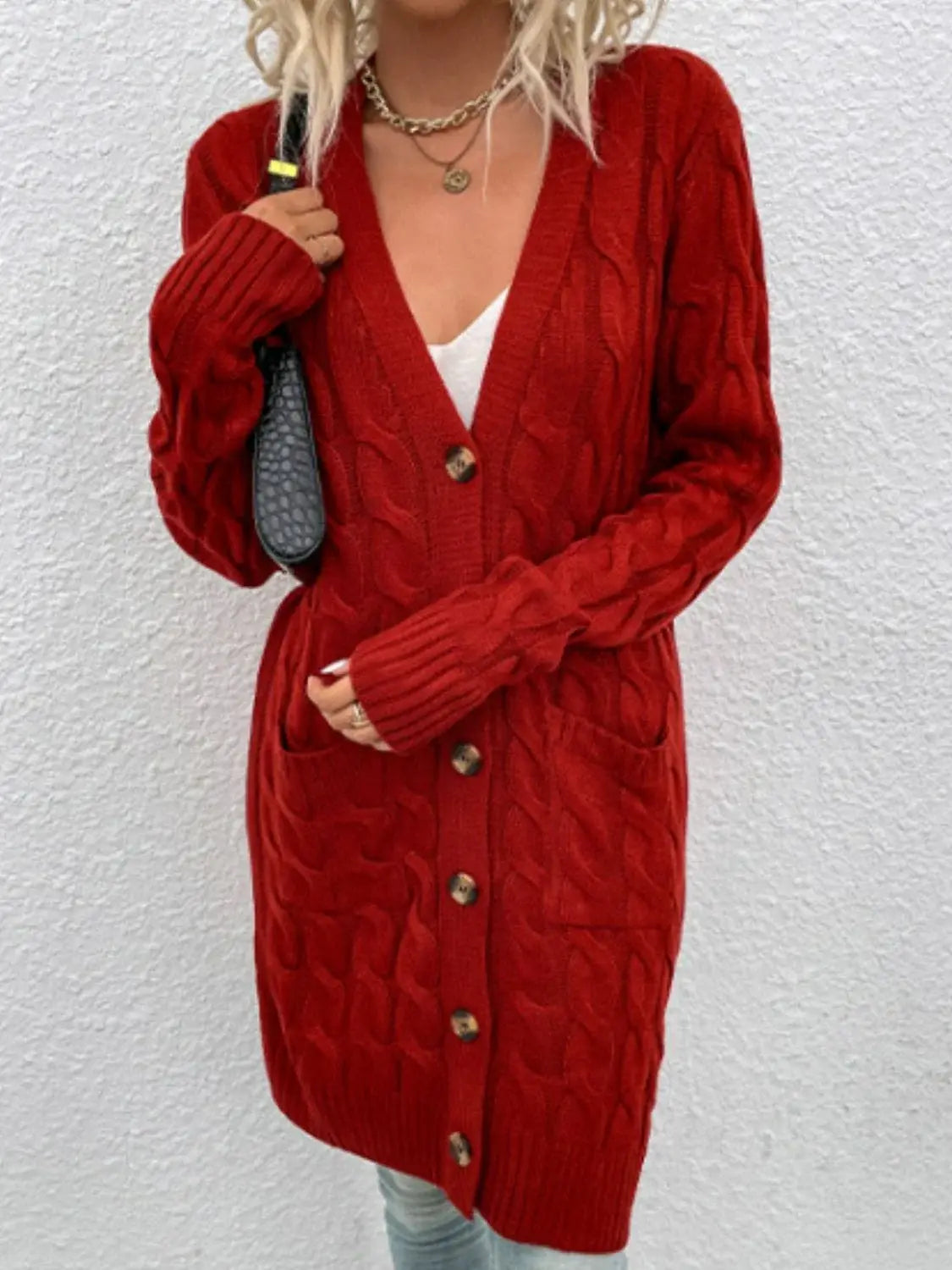 Cable-Knit Button Down Cardigan with Pockets - Trendsi - Flyclothing LLC