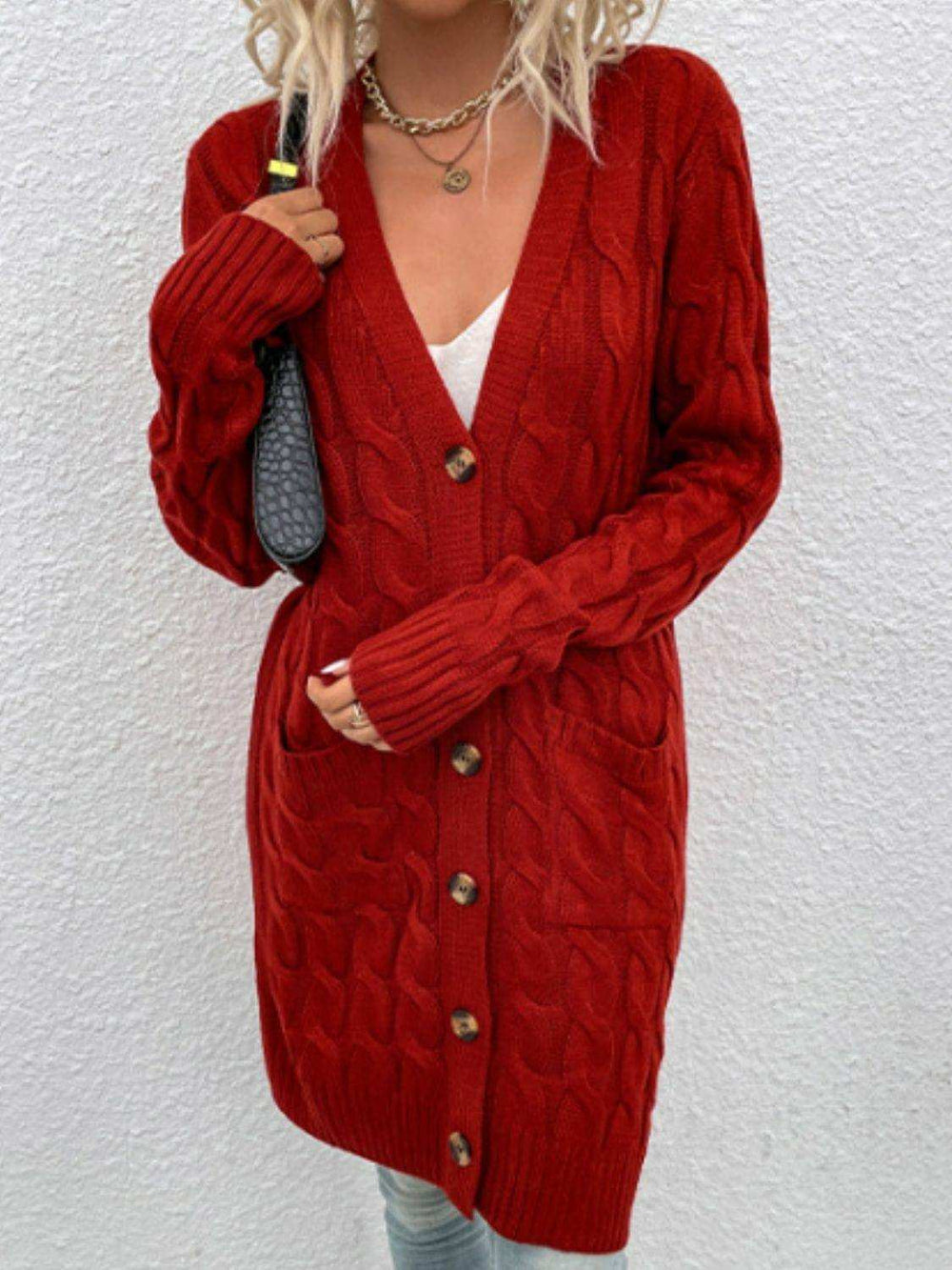 Cable-Knit Button Down Cardigan with Pockets - Trendsi - Flyclothing LLC