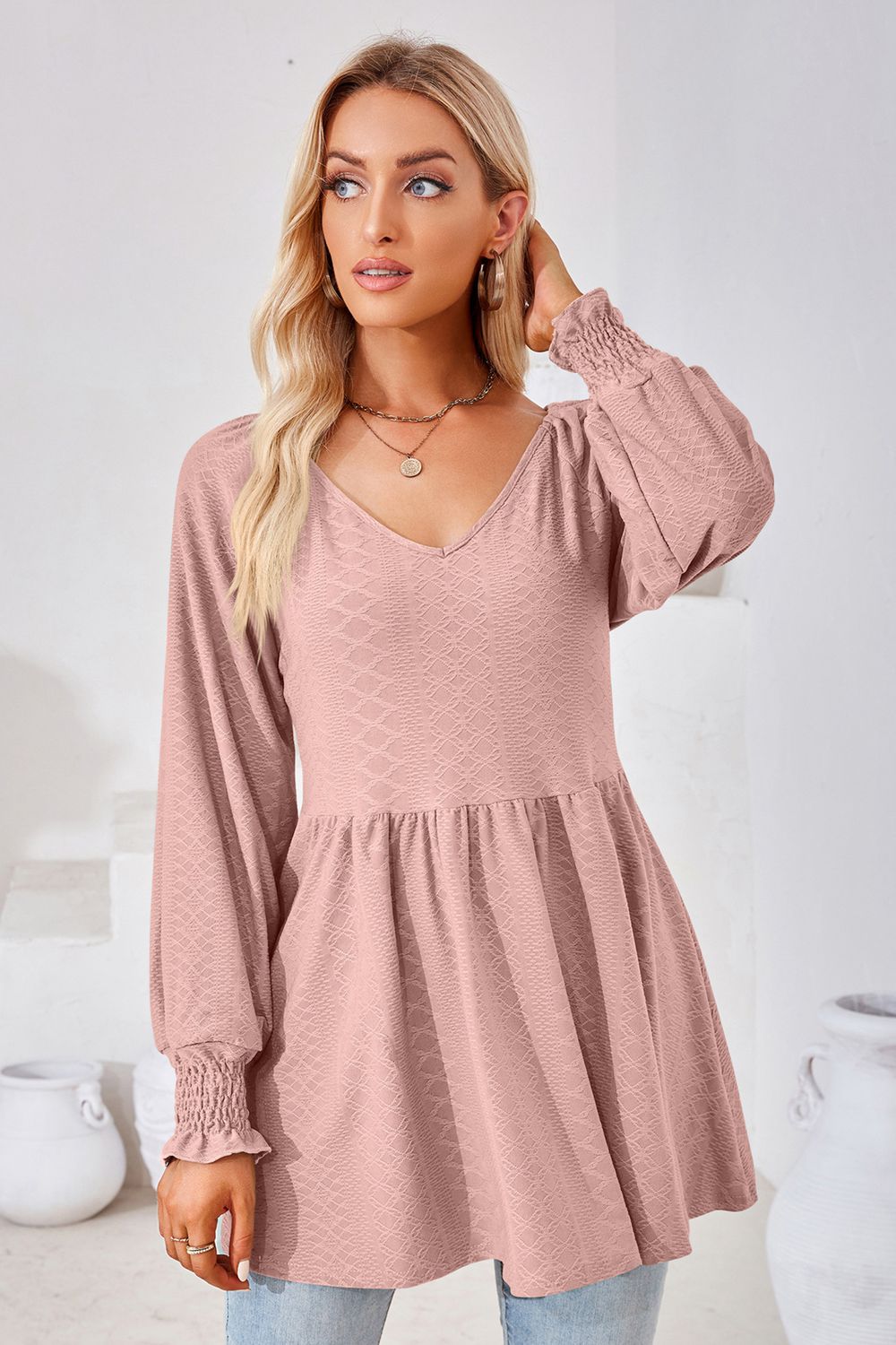 V-Neck Lantern Sleeve Blouse - Trendsi - Flyclothing LLC