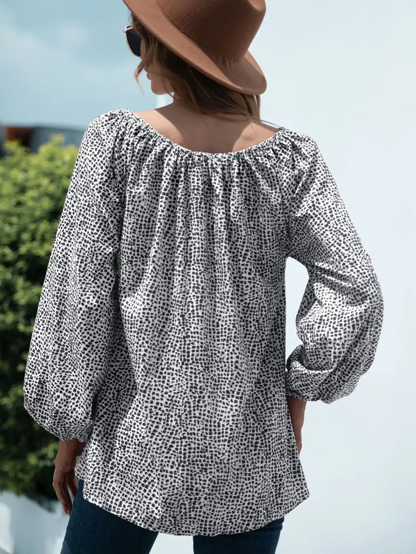 Printed Tie-Neck Balloon Sleeve Blouse - Trendsi - Flyclothing LLC