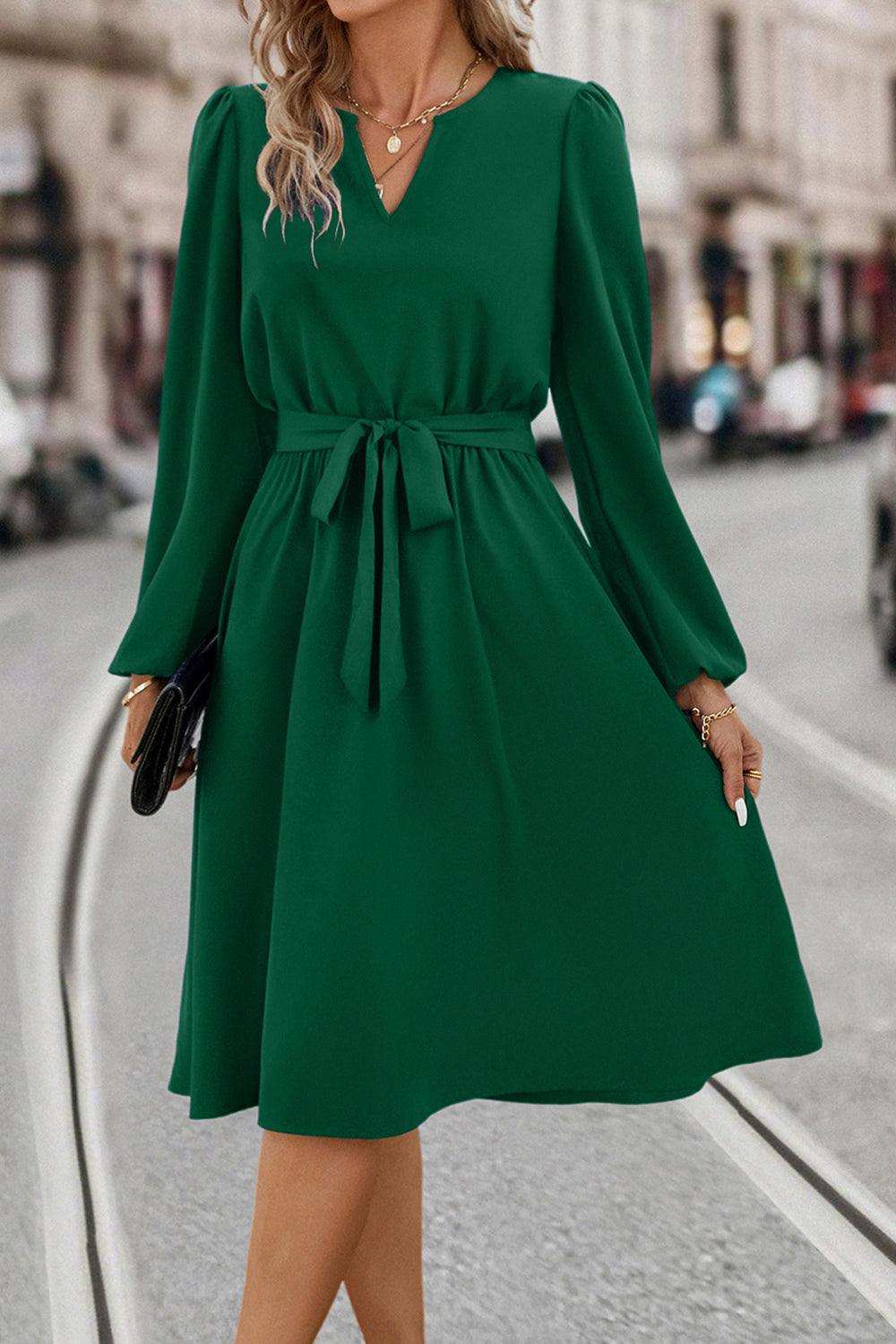 Tie Waist Notched Neck Long Sleeve Dress - Trendsi - Flyclothing LLC