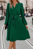 Tie Waist Notched Neck Long Sleeve Dress - Trendsi