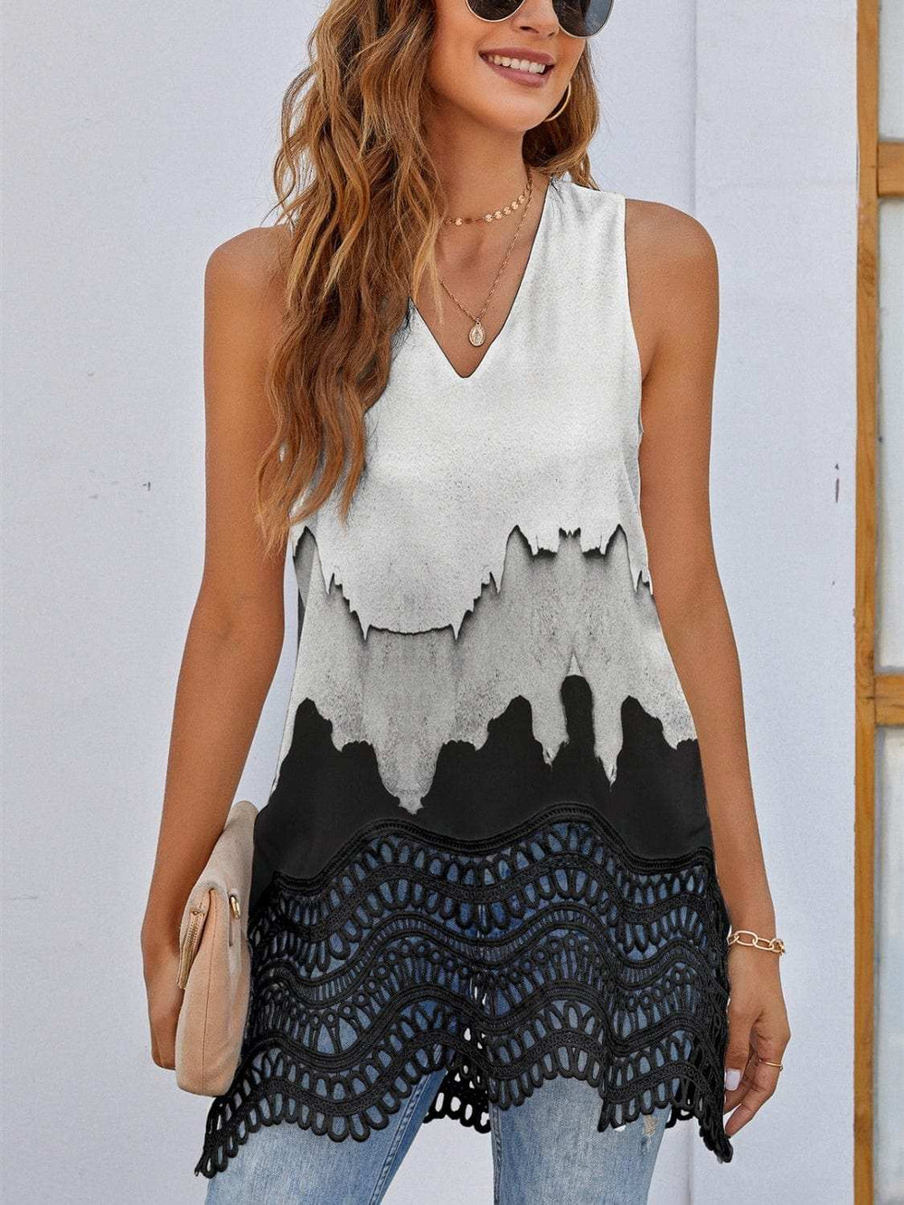 Printed V-Neck Tank - Trendsi - Flyclothing LLC