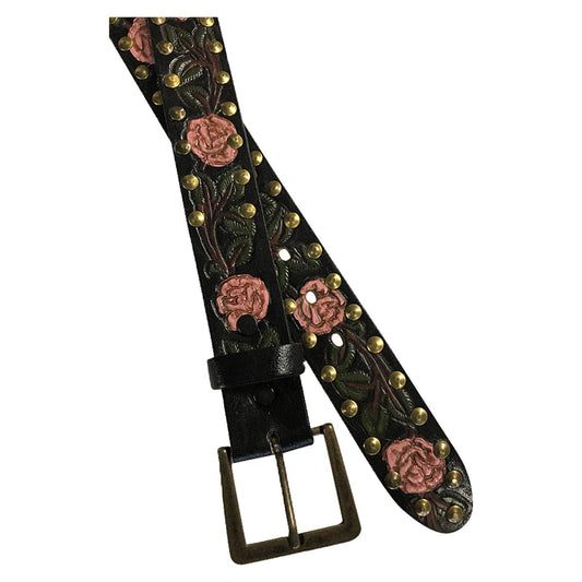 Black Tooled Genuine Leather Western Belt with Pink Roses - Flyclothing LLC
