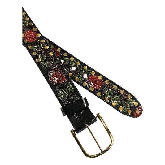 Black Tooled Genuine Leather Western Belt with Red Roses - Flyclothing LLC