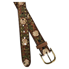 Brown Tooled Genuine Leather Western Belt with White Roses - Flyclothing LLC