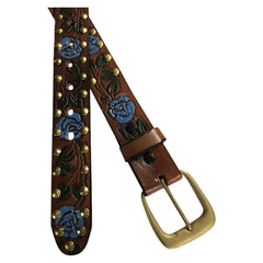 Brown Tooled Genuine Leather Western Belt with Blue Roses - Flyclothing LLC