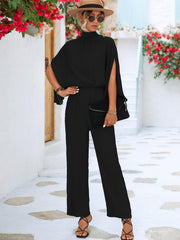 Tie Back Mock Neck Split Sleeve Jumpsuit - Trendsi