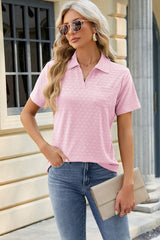 Pocketed Johnny Collar Short Sleeve Blouse - Trendsi - Flyclothing LLC