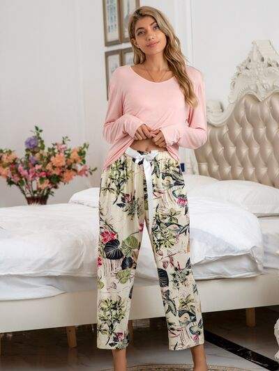Round Neck Top and Printed Pants Lounge Set - Trendsi - Flyclothing LLC