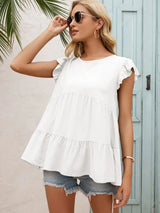 Round Neck Flutter Sleeve Tiered Blouse - Trendsi - Flyclothing LLC