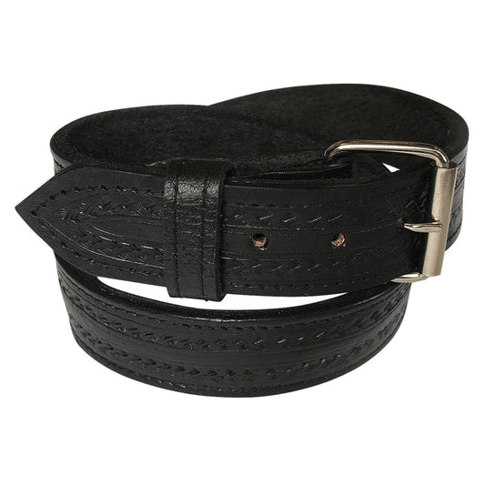 Black Tooled Check Pattern Genuine Leather Western Belt - Flyclothing LLC