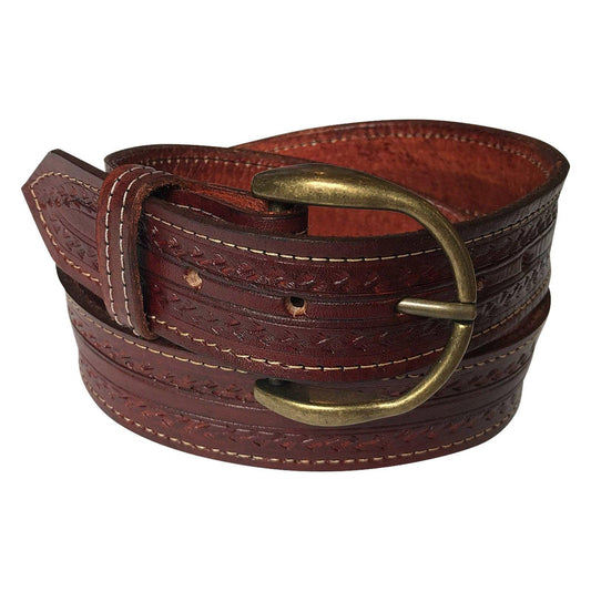 Burgundy Tooled Check Pattern Genuine Leather Western Belt - Rockmount Clothing
