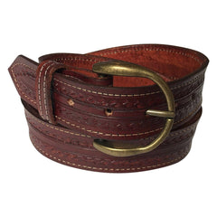 Burgundy Tooled Check Pattern Genuine Leather Western Belt - Rockmount Clothing