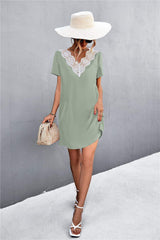 Spliced Lace Contrast Short Sleeve Dress - Trendsi - Flyclothing LLC