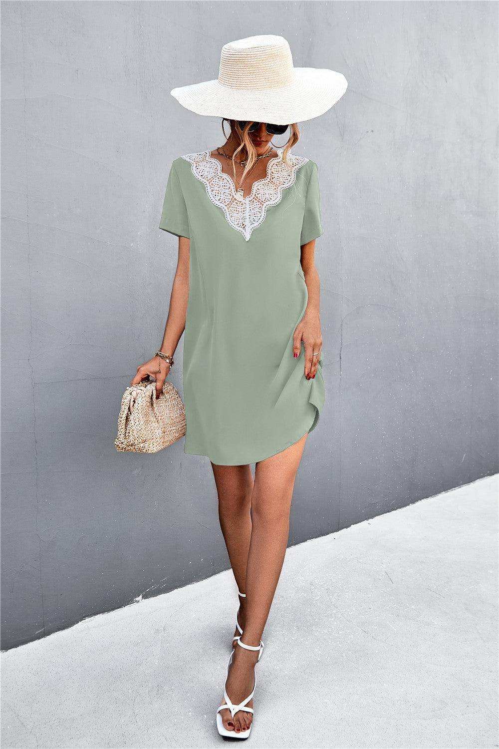 Spliced Lace Contrast Short Sleeve Dress - Trendsi - Flyclothing LLC