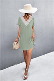 Spliced Lace Contrast Short Sleeve Dress - Trendsi