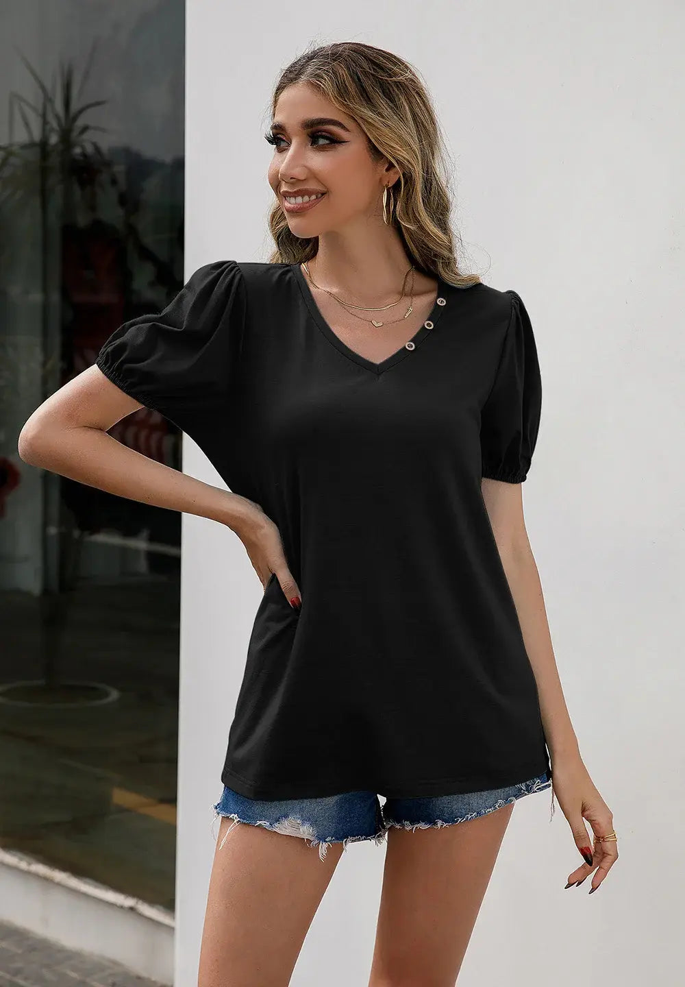 V-Neck Decorative Buttons Puff Sleeve Tee - Trendsi - Flyclothing LLC