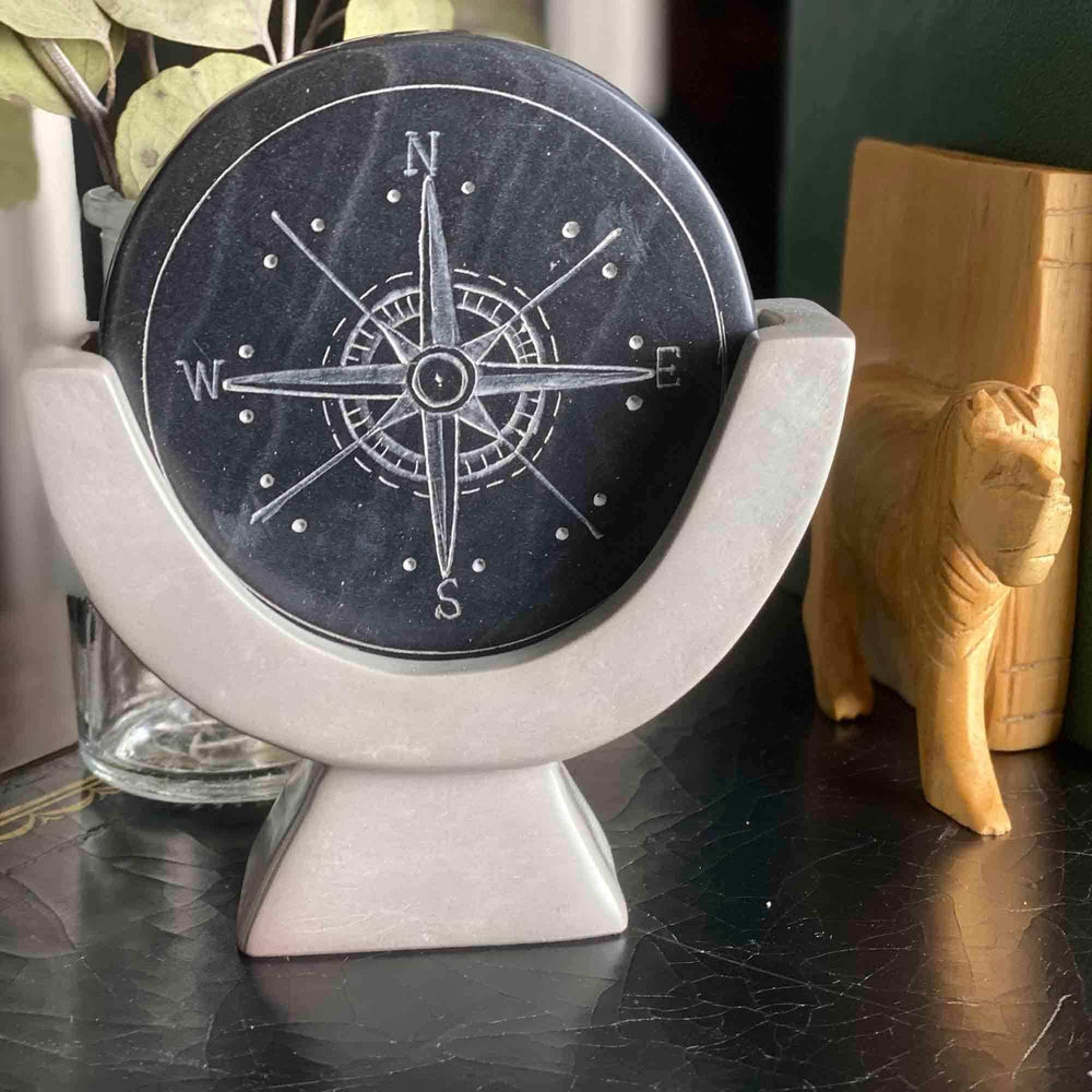 Compass Soapstone Sculpture, Dark Gray Stone - SMOLArt - Flyclothing LLC