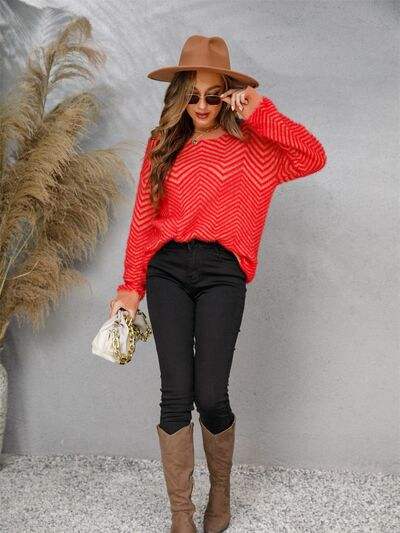 Striped Round Neck Dropped Shoulder Sweater - Trendsi - Flyclothing LLC