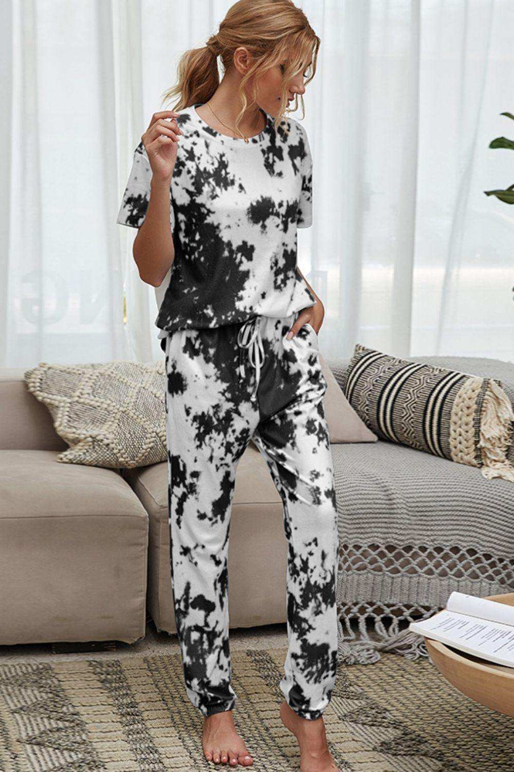 Tie-Dye Tee and Drawstring Waist Joggers Lounge Set - Trendsi - Flyclothing LLC